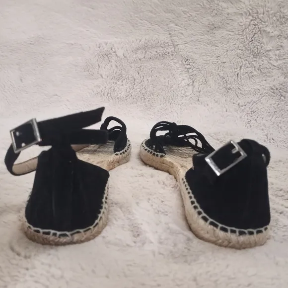 Jewel Badgley Mischka Black Suede Strappy Espadrilles with Buckle Ankle Strap