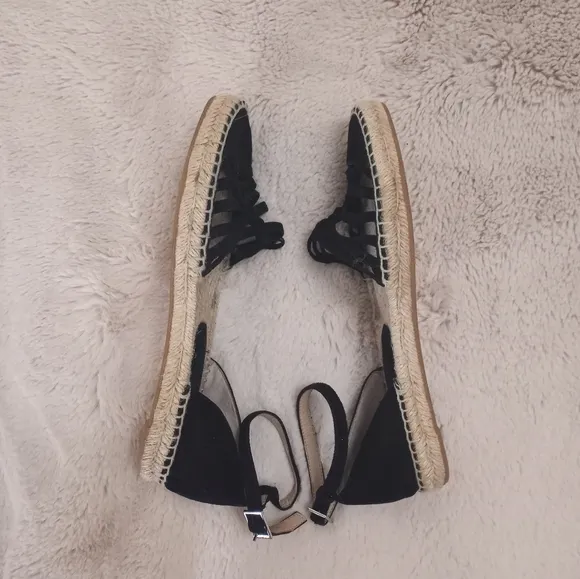 Jewel Badgley Mischka Black Suede Strappy Espadrilles with Buckle Ankle Strap