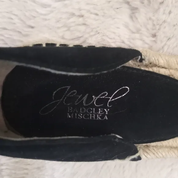 Jewel Badgley Mischka Black Suede Strappy Espadrilles with Buckle Ankle Strap