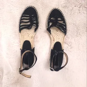 Jewel Badgley Mischka Black Suede Strappy Espadrilles with Buckle Ankle Strap
