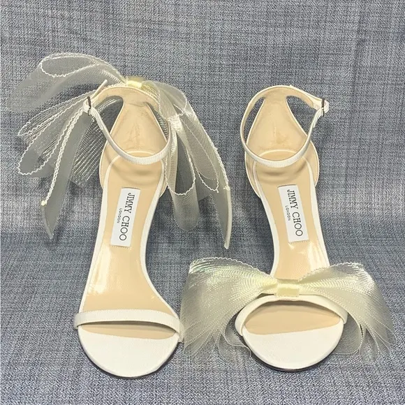 Jimmy Choo Aveline 100 High Heel Sandals Asymmetric Fascinator Mesh EU 40