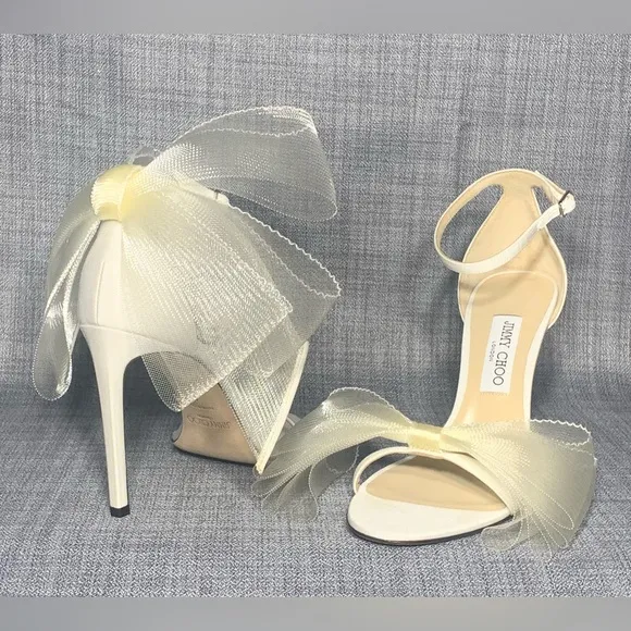 Jimmy Choo Aveline 100 High Heel Sandals Asymmetric Fascinator Mesh EU 40