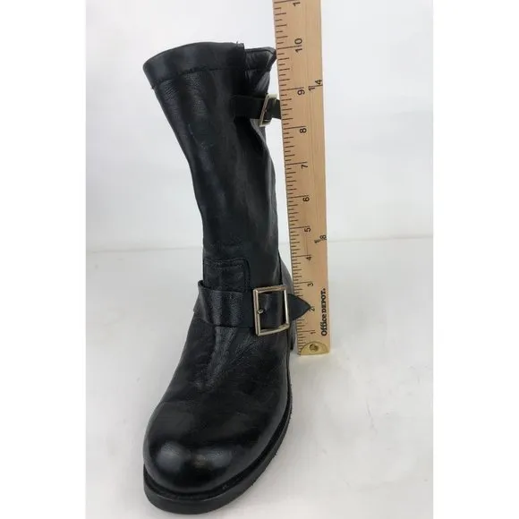 Jimmy Choo Black Leather Moto Double Buckle Mid Calf Biker Boots size 36.5