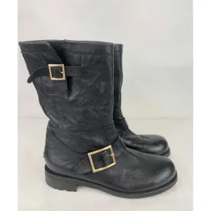 Jimmy Choo Black Leather Moto Double Buckle Mid Calf Biker Boots size 36.5