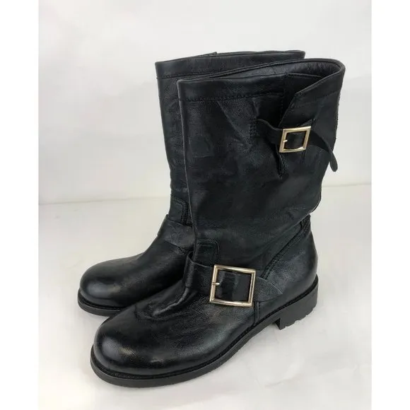 Jimmy Choo Black Leather Moto Double Buckle Mid Calf Biker Boots size 36.5