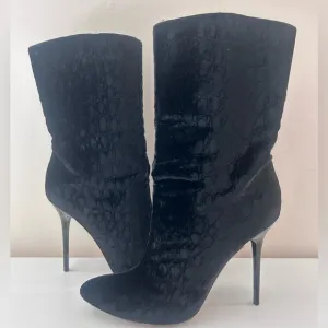 JIMMY CHOO  Black Velvet Croc Pattern Stiletto Mid-Calf Boots