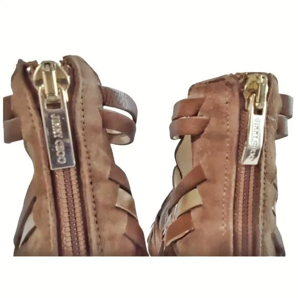 JIMMY CHOO Brown Gold Leather Stiletto Sandals Strappy Gladiator Heels EU Sz 39