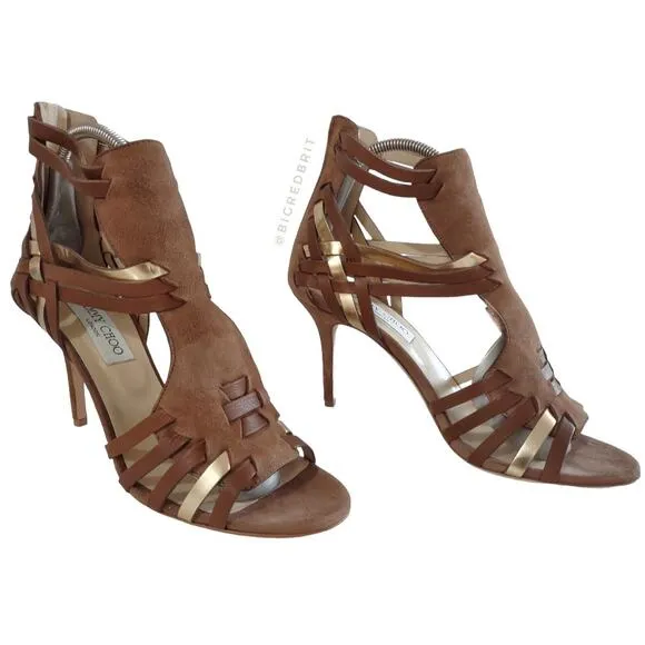 JIMMY CHOO Brown Gold Leather Stiletto Sandals Strappy Gladiator Heels EU Sz 39