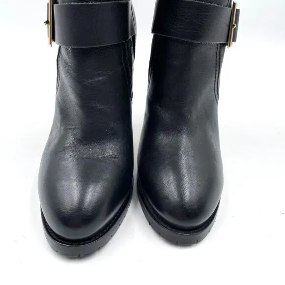 Jimmy Choo Galen Moto Boots Black Leather Mid-Calf Heel Buckle Sz 37.5 / 7.5