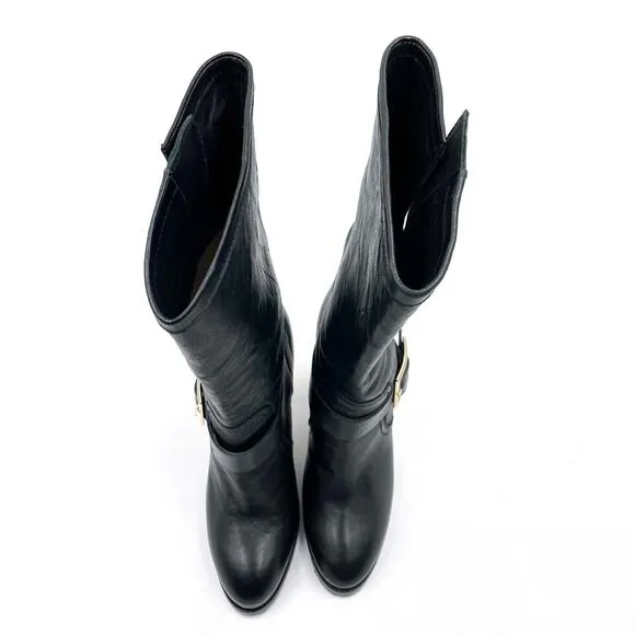 Jimmy Choo Galen Moto Boots Black Leather Mid-Calf Heel Buckle Sz 37.5 / 7.5