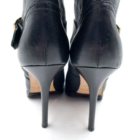 Jimmy Choo Galen Moto Boots Black Leather Mid-Calf Heel Buckle Sz 37.5 / 7.5