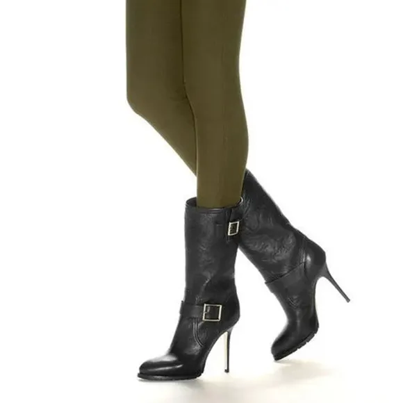 Jimmy Choo Galen Moto Boots Black Leather Mid-Calf Heel Buckle Sz 37.5 / 7.5