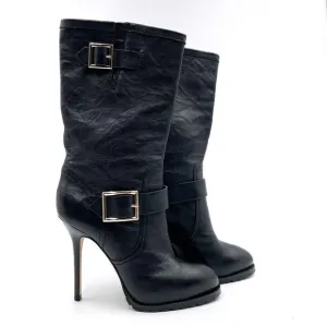 Jimmy Choo Galen Moto Boots Black Leather Mid-Calf Heel Buckle Sz 37.5 / 7.5