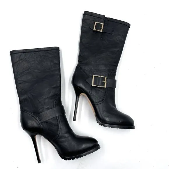 Jimmy Choo Galen Moto Boots Black Leather Mid-Calf Heel Buckle Sz 37.5 / 7.5