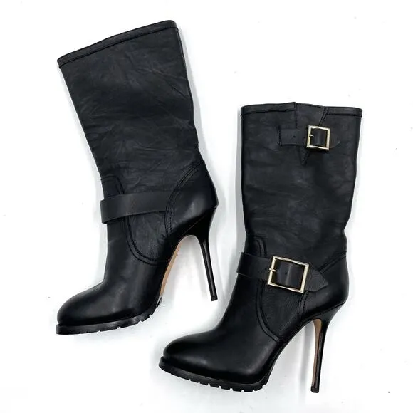 Jimmy Choo Galen Moto Boots Black Leather Mid-Calf Heel Buckle Sz 37.5 / 7.5