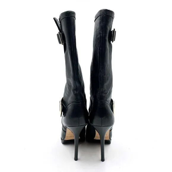Jimmy Choo Galen Moto Boots Black Leather Mid-Calf Heel Buckle Sz 37.5 / 7.5