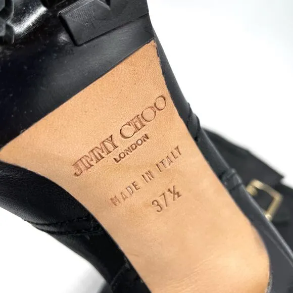 Jimmy Choo Galen Moto Boots Black Leather Mid-Calf Heel Buckle Sz 37.5 / 7.5