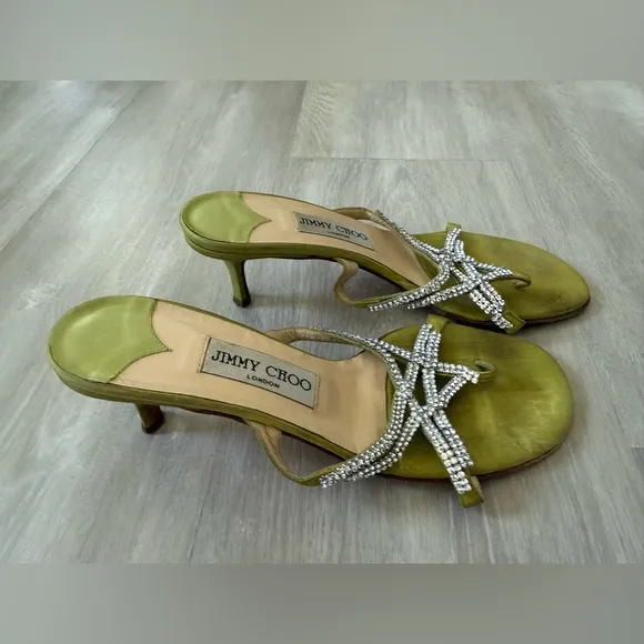 Jimmy Choo Green Crystal Embellished Women's Sandals Sz 7 37.5