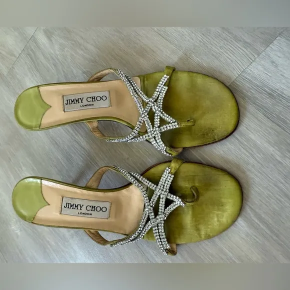 Jimmy Choo Green Crystal Embellished Women's Sandals Sz 7 37.5