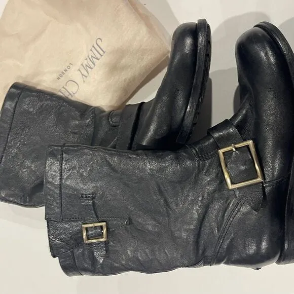Jimmy Choo Leather Mid-Calf Moto Boots Black -Size‎ 38.