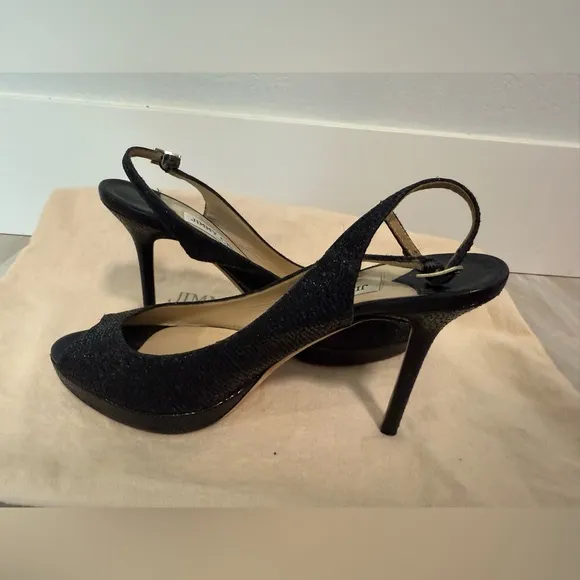 Jimmy Choo Open Toe Platform Black Glitter Fabric Sandals - Size 38 7.5