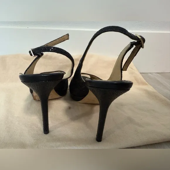 Jimmy Choo Open Toe Platform Black Glitter Fabric Sandals - Size 38 7.5