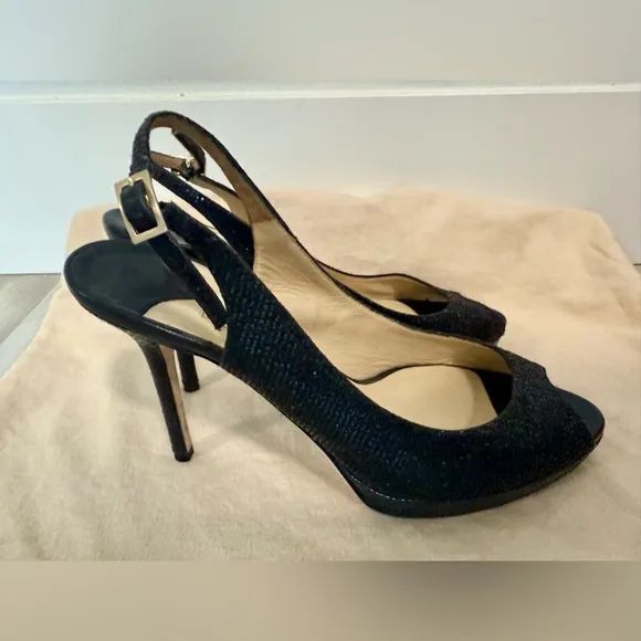 Jimmy Choo Open Toe Platform Black Glitter Fabric Sandals - Size 38 7.5