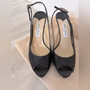 Jimmy Choo Open Toe Platform Black Glitter Fabric Sandals - Size 38 7.5