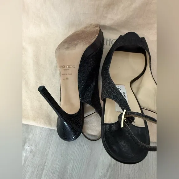 Jimmy Choo Open Toe Platform Black Glitter Fabric Sandals - Size 38 7.5