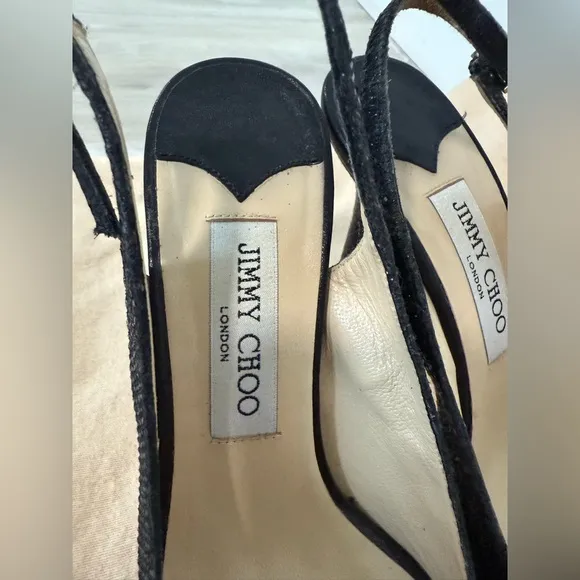 Jimmy Choo Open Toe Platform Black Glitter Fabric Sandals - Size 38 7.5