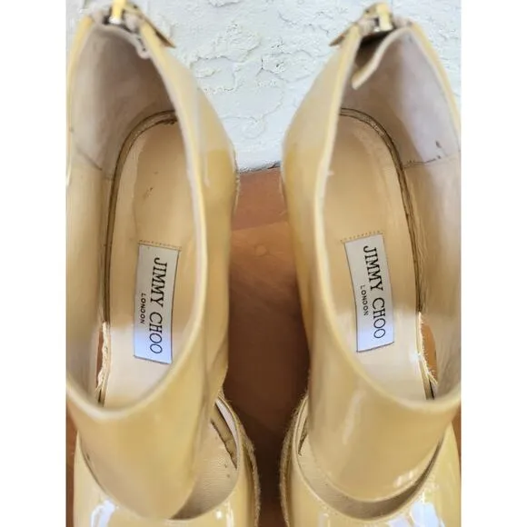 Jimmy Choo Patent Leather High Heels Espadrille Sandals Nude Zip Back  38  7.5