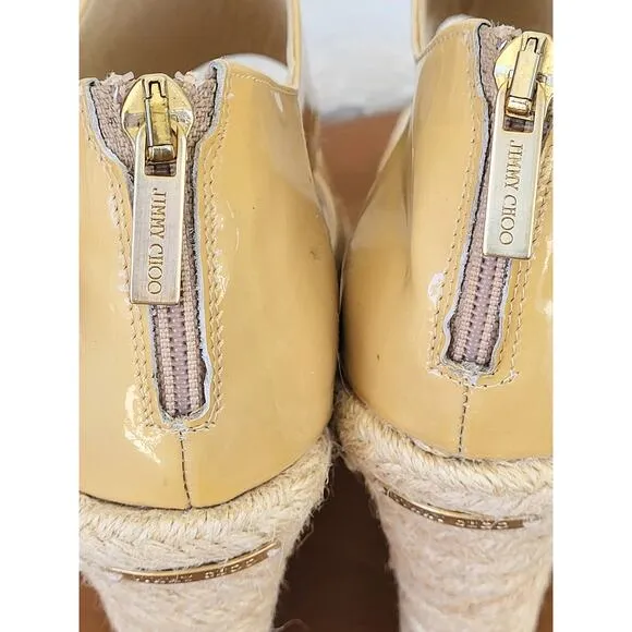 Jimmy Choo Patent Leather High Heels Espadrille Sandals Nude Zip Back  38  7.5