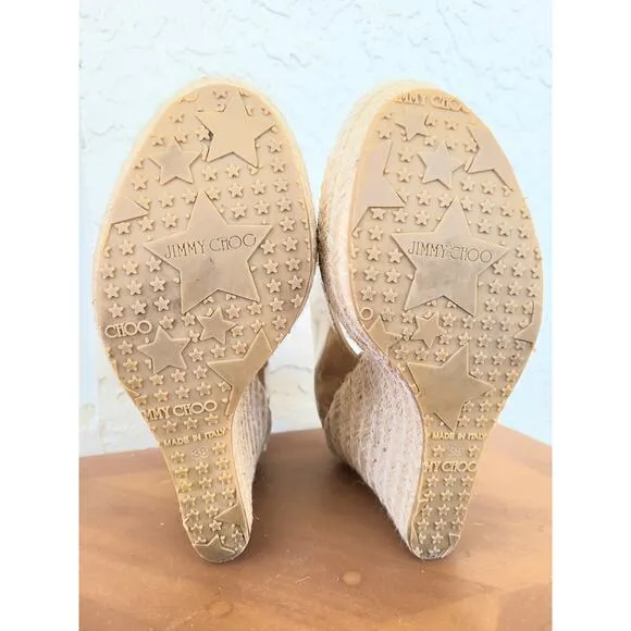 Jimmy Choo Patent Leather High Heels Espadrille Sandals Nude Zip Back  38  7.5