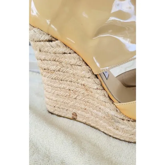 Jimmy Choo Patent Leather High Heels Espadrille Sandals Nude Zip Back  38  7.5
