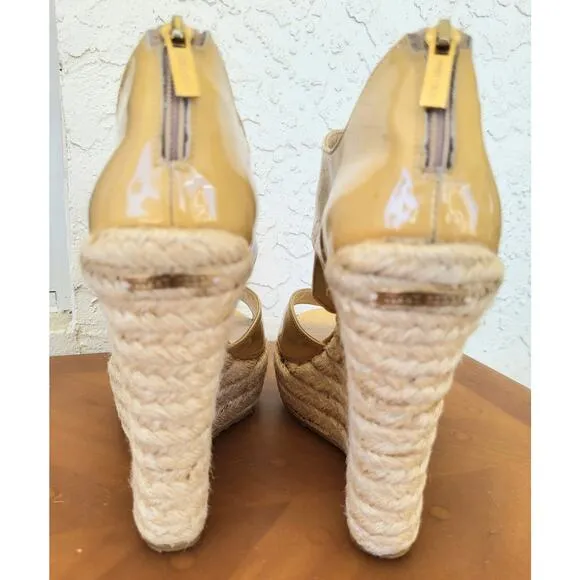 Jimmy Choo Patent Leather High Heels Espadrille Sandals Nude Zip Back  38  7.5