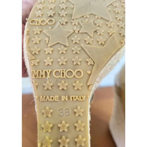 Jimmy Choo Patent Leather High Heels Espadrille Sandals Nude Zip Back  38  7.5