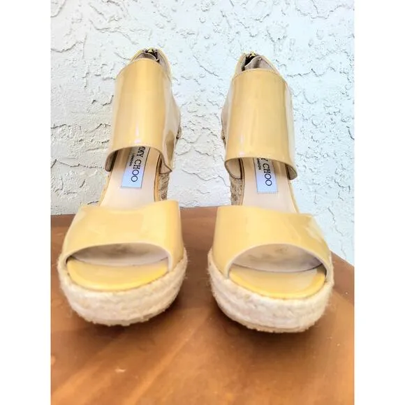 Jimmy Choo Patent Leather High Heels Espadrille Sandals Nude Zip Back  38  7.5