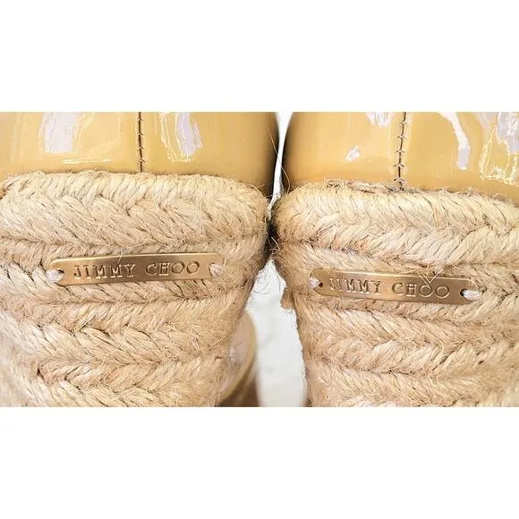 Jimmy Choo Patent Leather High Heels Espadrille Sandals Nude Zip Back  38  7.5