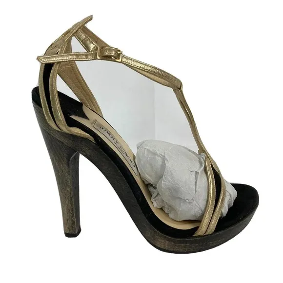Jimmy Choo Sandals Womens Sz 7.5 Black Gold Leather Strap Stiletto Heel Italy