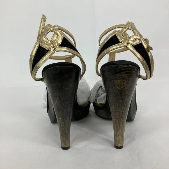 Jimmy Choo Sandals Womens Sz 7.5 Black Gold Leather Strap Stiletto Heel Italy