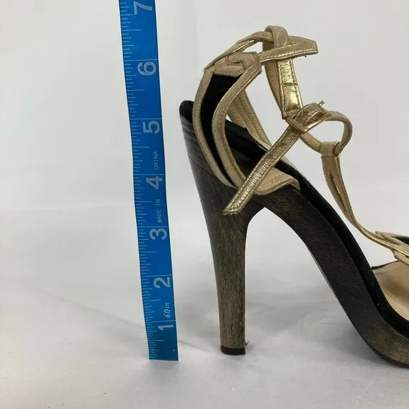 Jimmy Choo Sandals Womens Sz 7.5 Black Gold Leather Strap Stiletto Heel Italy