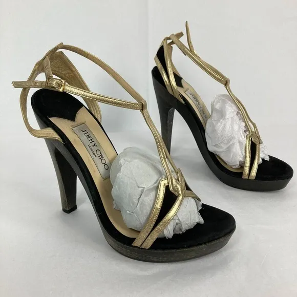 Jimmy Choo Sandals Womens Sz 7.5 Black Gold Leather Strap Stiletto Heel Italy