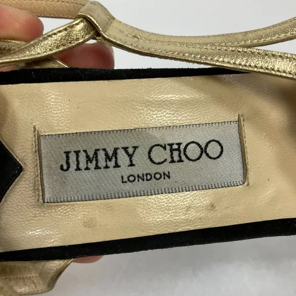 Jimmy Choo Sandals Womens Sz 7.5 Black Gold Leather Strap Stiletto Heel Italy