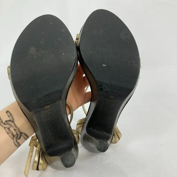Jimmy Choo Sandals Womens Sz 7.5 Black Gold Leather Strap Stiletto Heel Italy