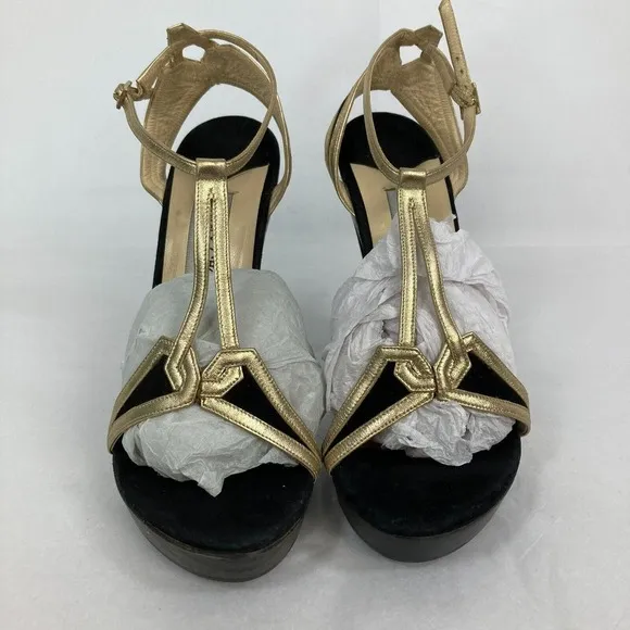 Jimmy Choo Sandals Womens Sz 7.5 Black Gold Leather Strap Stiletto Heel Italy
