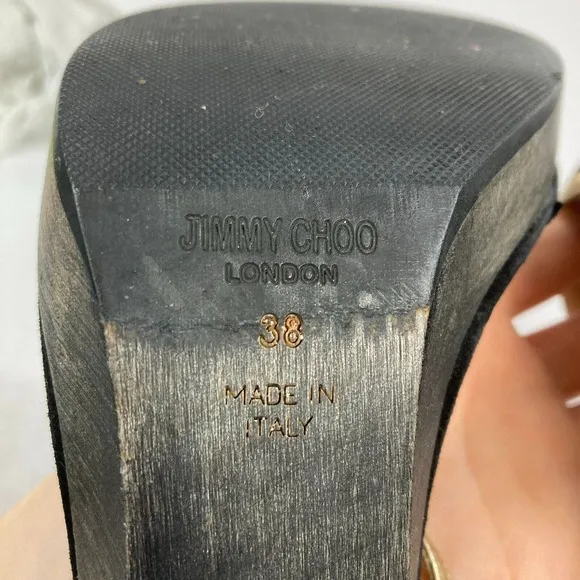 Jimmy Choo Sandals Womens Sz 7.5 Black Gold Leather Strap Stiletto Heel Italy