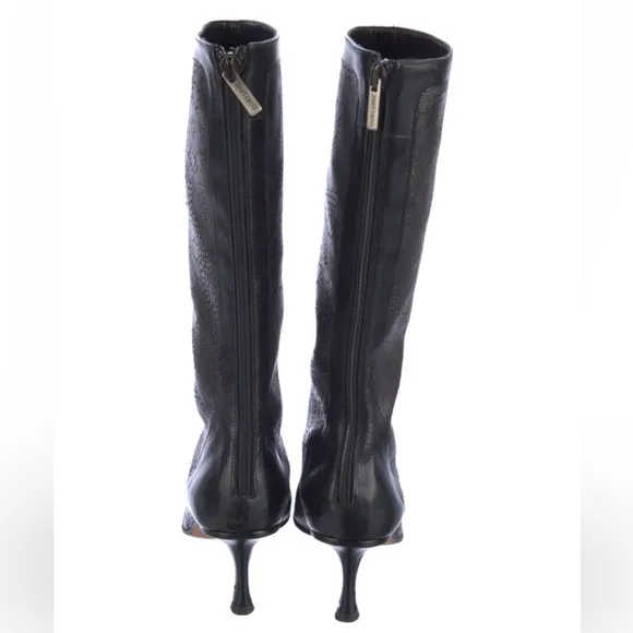 Jimmy Choo Stiletto Pointed Toe Black Laser Cut Leather Mid Calf Boots US 6