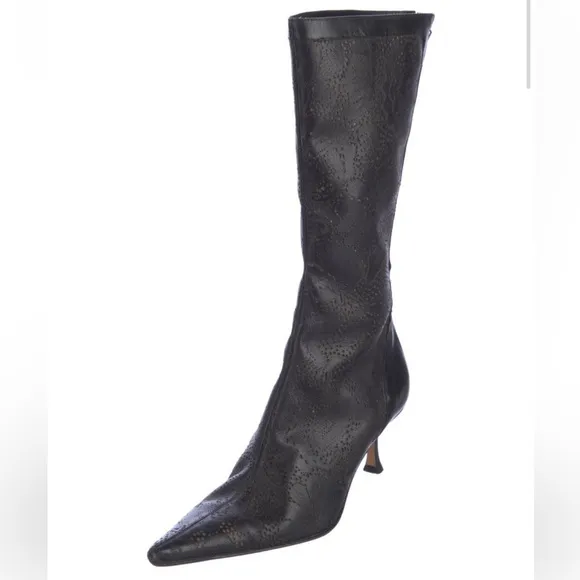 Jimmy Choo Stiletto Pointed Toe Black Laser Cut Leather Mid Calf Boots US 6