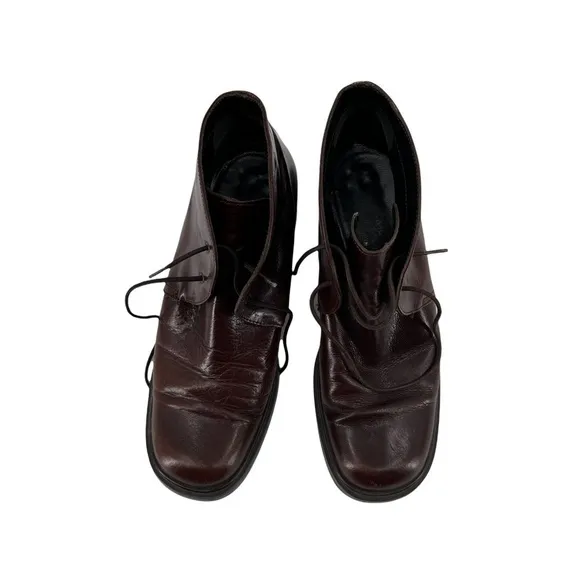 Joan &amp; David Dark Brown Patent Chunky High Heel Lace Up Boots Size 37 Women's
