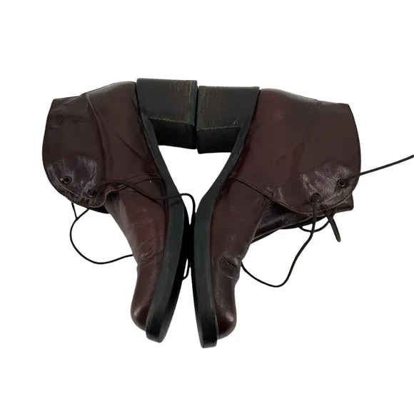 Joan &amp; David Dark Brown Patent Chunky High Heel Lace Up Boots Size 37 Women's